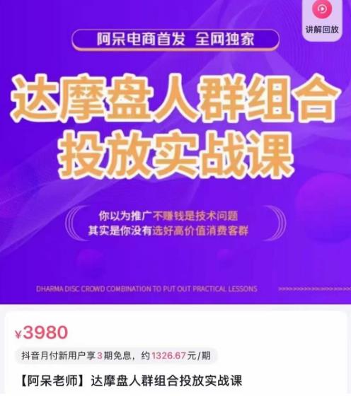 阿呆电商·达摩盘人群组合投放实战课，你以为推广不赚钱是技术问题，其实是你没有选好高价值消费客群-葛仙仙资源库