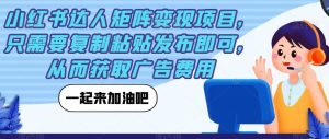 小红书达人矩阵变现项目,只需要复制粘贴发布即可,从而获取广告费用-葛仙仙资源库