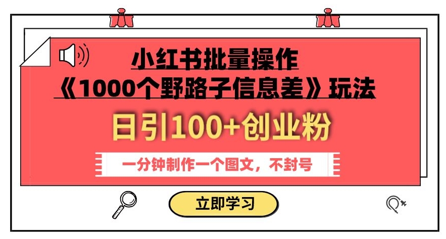 小红书批量操作《1000个野路子信息差》玩法，一分钟制作一个图文，不封号，日引100+创业粉-葛仙仙资源库