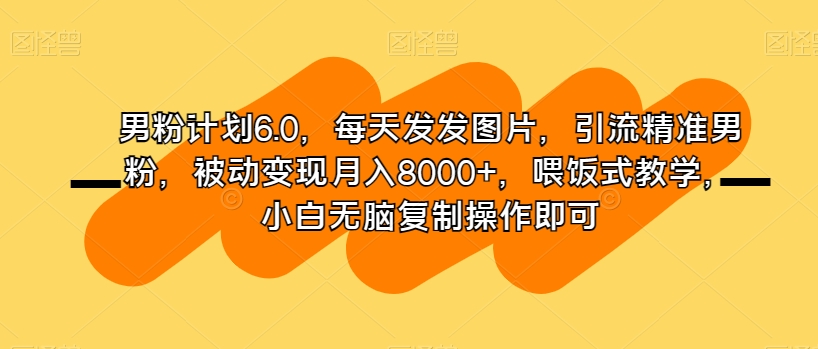 男粉计划6.0，每天发发图片，引流精准男粉，被动变现月入8000+，喂饭式教学，小白无脑复制操作即可-葛仙仙资源库