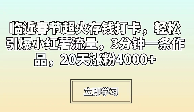 临近春节超火存钱打卡，轻松引爆小红薯流量，3分钟一条作品，20天涨粉4000+【揭秘】-葛仙仙资源库