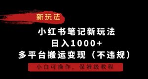 小红书笔记新玩法,日入1000+,多平台搬运变现(不违规),小白可操作,保姆级教程【揭秘】-葛仙仙资源库