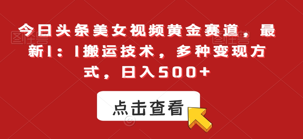今日头条美女视频黄金赛道，最新1：1搬运技术，多种变现方式，日入500+【揭秘】-葛仙仙资源库