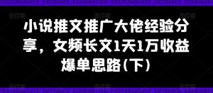 小说推文推广大佬经验分享,女频长文1天1万收益爆单思路(下)-葛仙仙资源库