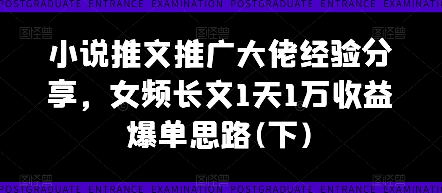 小说推文推广大佬经验分享，女频长文1天1万收益爆单思路(下)-葛仙仙资源库