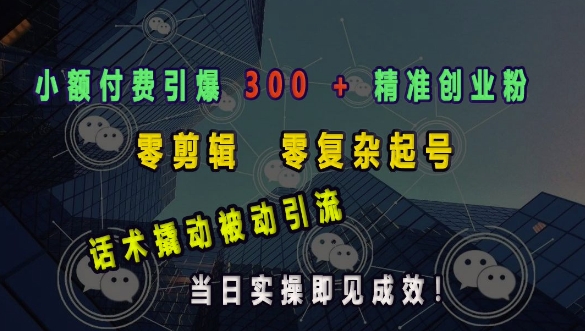 小额付费引爆 300 + 精准创业粉，零剪辑、零复杂起号，话术撬动被动引流，当日实操即见成效-葛仙仙资源库