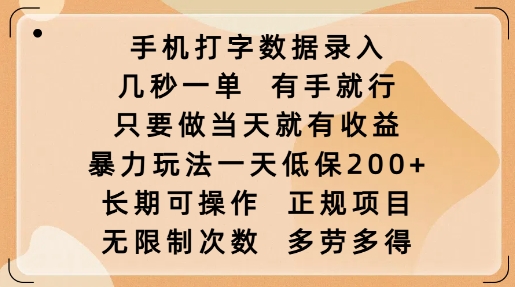 手机打字数据录入，几秒一单，有手就行，只要做当天就有收益，暴力玩法一天低保2张-葛仙仙资源库